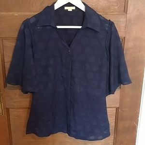 Navy button-down, semi-sheer, polka dot blouse